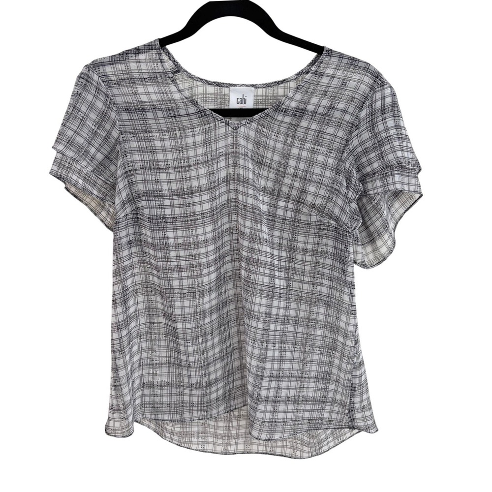 Cabi Sheer Fairy Goth Black White Grid V-Neck Tiered Flutter Sleeve Blouse XS